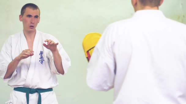 Russia, Novosibirsk, August 15, 2018 A group of people practicing karate strokes indoors. Endurance training in karate — Stock Video