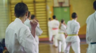 Rusya, Novosibirsk, 15 Ağustos 2018 A karate vuruşlar kapalı insanlar grubudur. Dayanıklılık Eğitim Karate