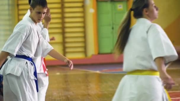 Rusia, Novosibirsk, 15 Agustus 2018 Sekelompok orang berlatih stroke karate di dalam ruangan. Pelatihan ketahanan dalam karate — Stok Video