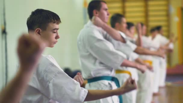 Russia, Novosibirsk, 15 agosto 2018 Un gruppo di persone che pratica colpi di karate in casa. Formazione di resistenza nel karate — Video Stock