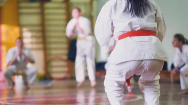 Rusland, Novosibirsk, 15 augustus, 2018 A groep van mensen die het beoefenen van karate lijnen binnenshuis. Duurtraining in karate — Stockvideo