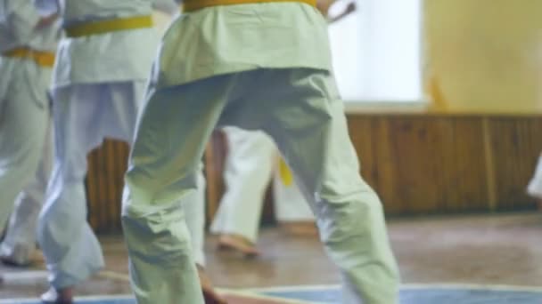 Rosja, Nowosybirsk, 15 sierpnia 2018 A grupę osób praktykujących karate obrysy wewnątrz. Trening wytrzymałościowy w karate — Wideo stockowe