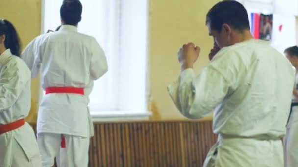 Rusia, Novosibirsk, 15 Agustus 2018 Sekelompok orang berlatih stroke karate di dalam ruangan. Pelatihan ketahanan dalam karate — Stok Video