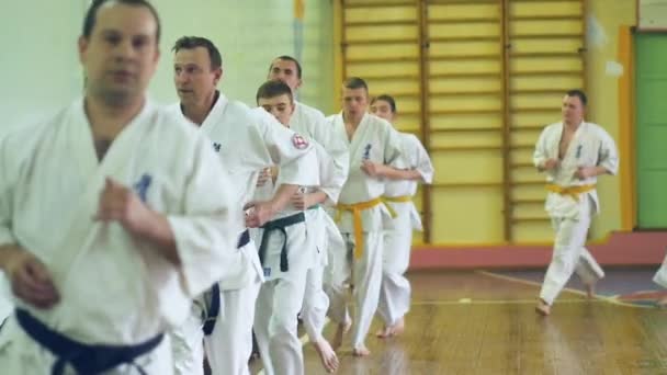 Ryssland, Novosibirsk, 15 augusti, 2018 A grupp av människor som utövar karate stroke inomhus. Uthållighetsträning i karate — Stockvideo