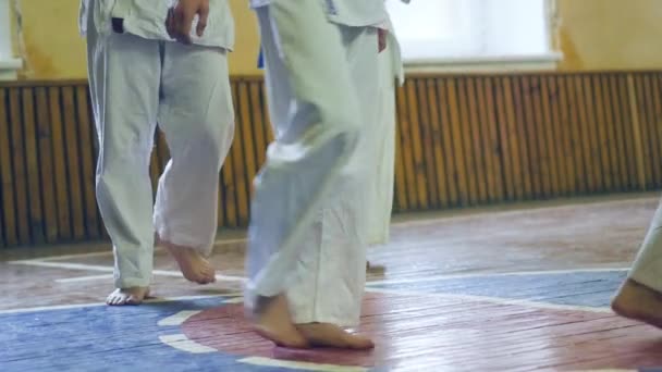 Oroszország, Novoszibirszk, augusztus 15-én, 2018 A gyakorló karate stroke beltéri emberek csoportja. Edzéshez karate — Stock videók