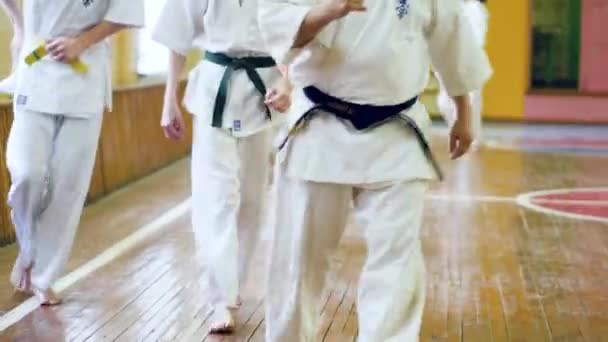 Rosja, Nowosybirsk, 15 sierpnia 2018 A grupę osób praktykujących karate obrysy wewnątrz. Trening wytrzymałościowy w karate — Wideo stockowe