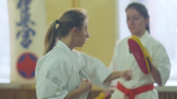 Russia, Novosibirsk, 15 agosto 2018 Un gruppo di persone che pratica colpi di karate in casa. Formazione di resistenza nel karate — Video Stock