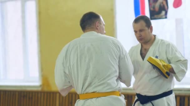 Rusia, Novosibirsk, 15 de agosto de 2018 Un grupo de personas que practican golpes de karate en el interior. Entrenamiento de resistencia en karate — Vídeos de Stock