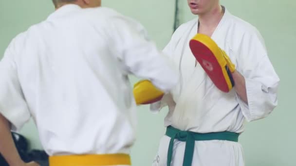 Russia, Novosibirsk, August 15, 2018 A group of people practicing karate strokes indoors. Endurance training in karate — Stock Video
