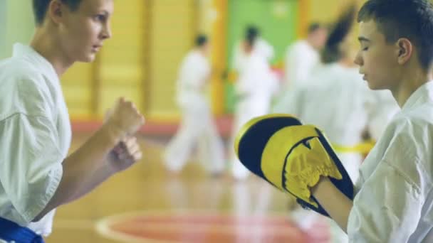 Rosja, Nowosybirsk, 15 sierpnia 2018 A grupę osób praktykujących karate obrysy wewnątrz. Trening wytrzymałościowy w karate — Wideo stockowe