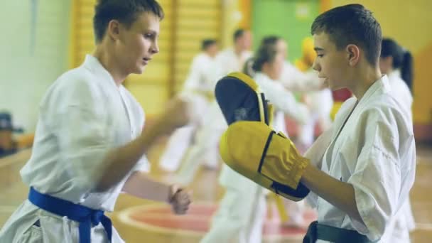 Russia, Novosibirsk, 15 agosto 2018 Un gruppo di persone che pratica colpi di karate in casa. Formazione di resistenza nel karate — Video Stock