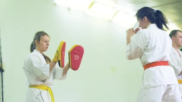 Ryssland Novosibirsk Augusti 2018 Grupp Människor Som Utövar Karate Stroke — Stockvideo