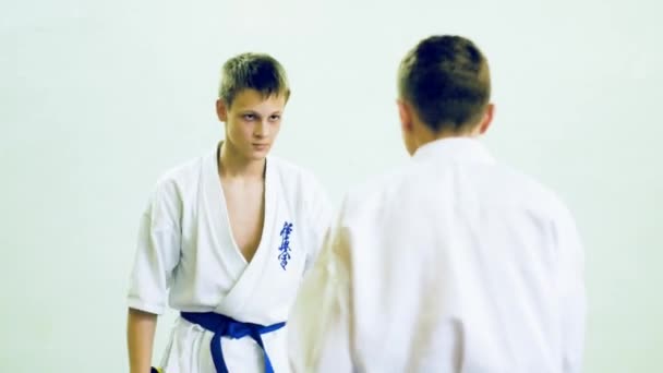 Rusia, Novosibirsk, 15 de agosto de 2018 Un grupo de personas que practican golpes de karate en el interior. Entrenamiento de resistencia en karate — Vídeos de Stock