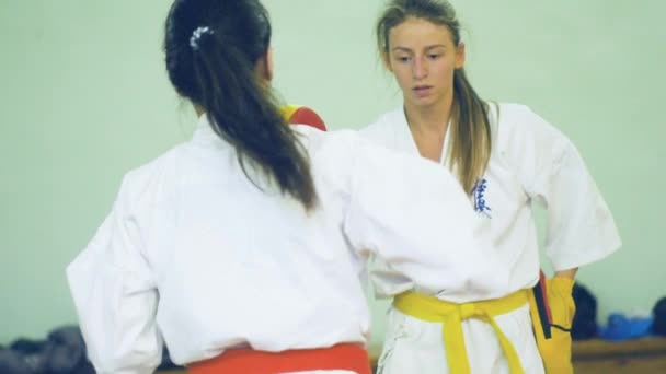 Russia, Novosibirsk, 15 agosto 2018 Un gruppo di persone che pratica colpi di karate in casa. Formazione di resistenza nel karate — Video Stock