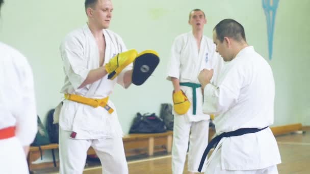 Oroszország, Novoszibirszk, augusztus 15-én, 2018 A gyakorló karate stroke beltéri emberek csoportja. Edzéshez karate — Stock videók