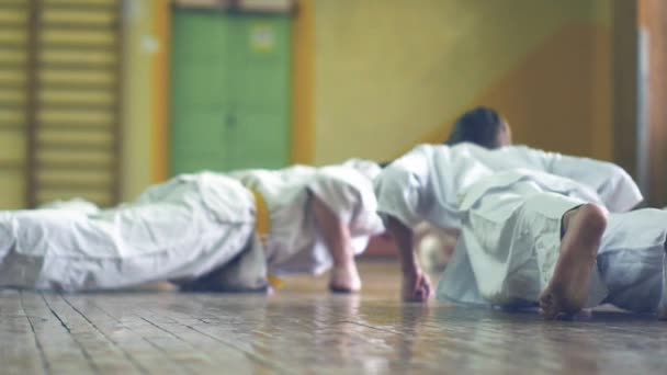 Rusia Novosibirsk Agosto 2018 Grupo Personas Practicando Golpes Karate Interior — Vídeo de stock