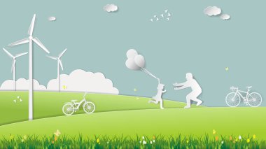 Kağıt Katlama Sanatı origami stil vektör çizim. Yenilenebilir enerji ekoloji teknolojisi kavramları, kızı babası için çalışan ve balonlar rüzgar türbini hangi dolu yeşil çayır park holding.