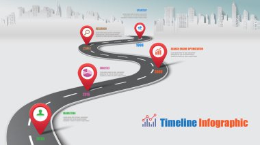 İş yol haritası-zaman çizelgesi Infographic şehir arka plan şablonu kilometre taşı öğe modern diyagramı işlem teknolojisi dijital pazarlama veri sunum grafiği için vektör çizim tasarlanmış