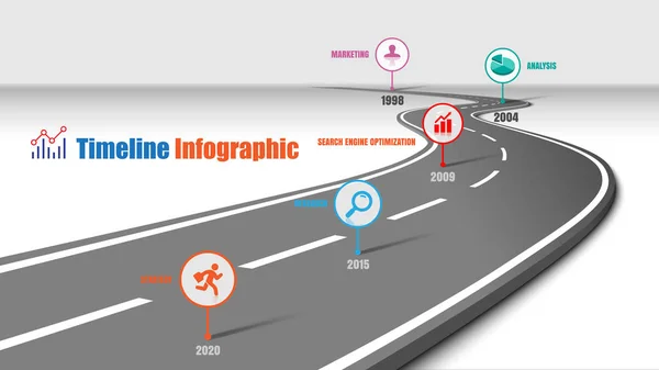 Plantilla Infografía Línea Tiempo Hoja Ruta Negocios Con Punteros Diseñados — Vector de stock