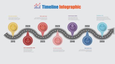 Yol haritası iş zaman çizelgesi Infographic planlama süreci web sayfaları dijital teknoloji veri sunum grafik arka plan öğeleri diyagram için tasarlanmış 7 adım iğne ile. Vektör çizim
