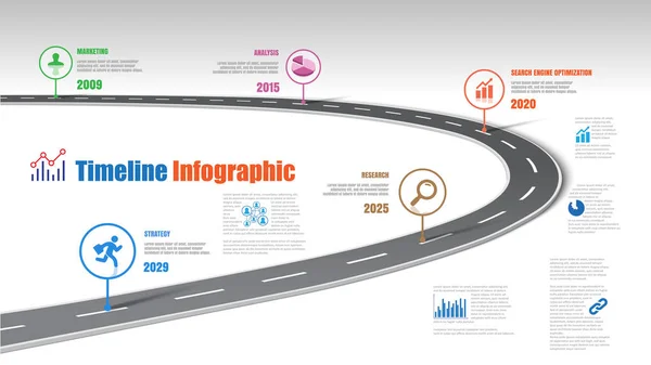 Plantilla Infografía Línea Tiempo Hoja Ruta Negocios Con Punteros Diseñados — Vector de stock