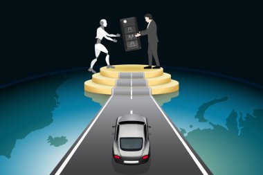 Yapay zeka fütüristik teknoloji yenilikçi kavramlar, otomatik pilot yakın gelecekte kendi kendine sürüş. İşadamı robot road podyum supercar, soyut vektör çizim ile arabanın anahtarlarını ver.