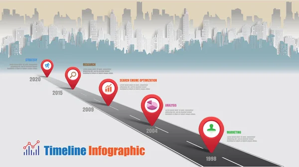 Yol Haritası Zaman Çizelgesi Infographic Şehir Arka Plan Şablonu Kilometre — Stok Vektör