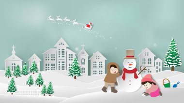 Kağıt katlama sanatı origami stil vektör çizim. Merry Christmas mutlu yeni yıl. Kardan adam ve karlı manzara yapma çocuk. Şehir köy arka planlar üzerinde Noel Baba Ren geyiği ile kış gece gökyüzü