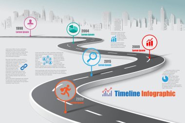 İş yol haritası-zaman çizelgesi Infographic şehir arka plan şablonu kilometre taşı öğe modern diyagramı işlem teknolojisi dijital pazarlama veri sunum grafiği için vektör çizim tasarlanmış