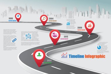 İş yol haritası-zaman çizelgesi Infographic şehir arka plan şablonu kilometre taşı öğe modern diyagramı işlem teknolojisi dijital pazarlama veri sunum grafiği için vektör çizim tasarlanmış