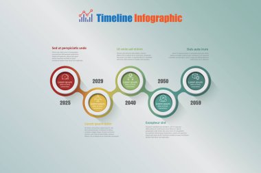 Arkaplan elementleri için tasarlanmış 5 adım çemberi olan modern iş zaman çizelgesi bilgisi diyagram planlama süreci web sayfaları iş akışı dijital teknoloji veri sunum grafiği. Vektör illüstrasyonu