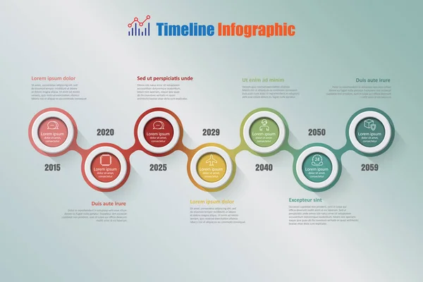 現代のビジネス計画プロセス Web ページ ワークフロー デジタル技術データ プレゼンテーション グラフ背景要素図用に設計された つのステップ サークルとタイムラインのインフォ グラフィック — ストックベクタ