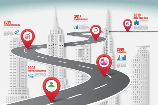 Yol Haritası Zaman Çizelgesi Infographic Şehir Arka Plan Şablonu Kilometre — Stok Vektör