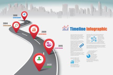 İş yol haritası-zaman çizelgesi Infographic şehir arka plan şablonu kilometre taşı öğe modern diyagramı işlem teknolojisi dijital pazarlama veri sunum grafiği için vektör çizim tasarlanmış