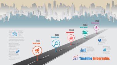 İş yol haritası-zaman çizelgesi Infographic şehir arka plan şablonu kilometre taşı öğe modern diyagramı işlem teknolojisi dijital pazarlama veri sunum grafiği için vektör çizim tasarlanmış
