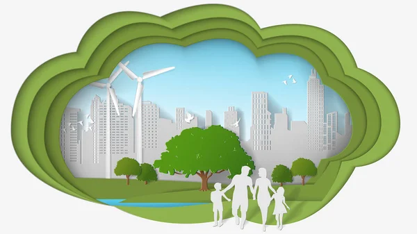 Zielona Energia Koncepcje Wymiar Myślenia Rodziny Spacery Parku Zielone Miasto — Wektor stockowy
