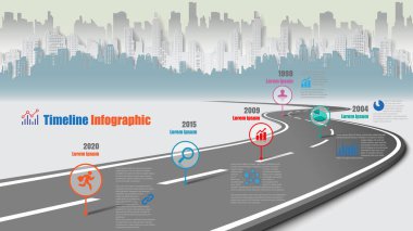 İş yol haritası-zaman çizelgesi Infographic şehir arka plan şablonu kilometre taşı öğe modern diyagramı işlem teknolojisi dijital pazarlama veri sunum grafiği için vektör çizim tasarlanmış