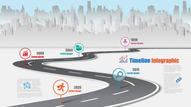 İş yol haritası-zaman çizelgesi Infographic şehir arka plan şablonu kilometre taşı öğe modern diyagramı işlem teknolojisi dijital pazarlama veri sunum grafiği için vektör çizim tasarlanmış