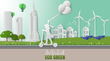 Kağıt katlama sanat origami tarzı vektör illüstrasyon. Yeşil sürdürülebilir enerji ekolojisi geliştirme, çevre dostu kavram. Park güzel şehir doğa arka plan çocuk sürme elektrikli scooter.
