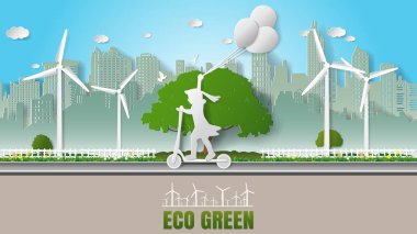 Kağıt katlama sanat origami tarzı vektör illüstrasyon. Yeşil sürdürülebilir enerji ekolojisi geliştirme, çevre dostu kavram. Park güzel şehir doğa arka plan çocuk sürme elektrikli scooter.
