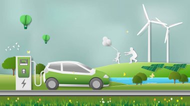 Kağıt katlama sanat origami tarzı vektör illüstrasyon. Yeşil sürdürülebilir enerji ekolojisi geliştirme, çevre dostu kavram. Elektrikli araba güç şarj, doğal park arka planda aile dinlenme