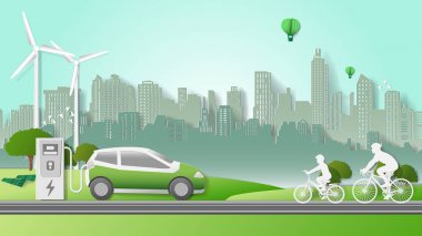 Kağıt katlama sanat origami tarzı vektör illüstrasyon. Yeşil sürdürülebilir enerji ekolojisi geliştirme, çevre dostu kavram. Elektrikli araba güç şarj, aile bisiklet şehir parkı arka plan sürme