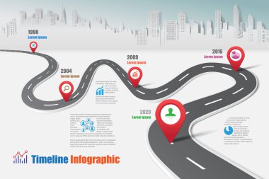 İş yol haritası-zaman çizelgesi Infographic şehir arka plan şablonu kilometre taşı öğe modern diyagramı işlem teknolojisi dijital pazarlama veri sunum grafiği için vektör çizim tasarlanmış