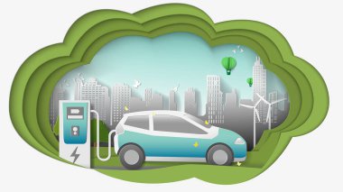Düşünce boyutu, yeşil yenilenebilir enerji ekolojisi güç çevre dostu kavramları tasarrufu, şarj istasyonunda elektrikli araba düşünme kutusunda güzel park kenti arka planı