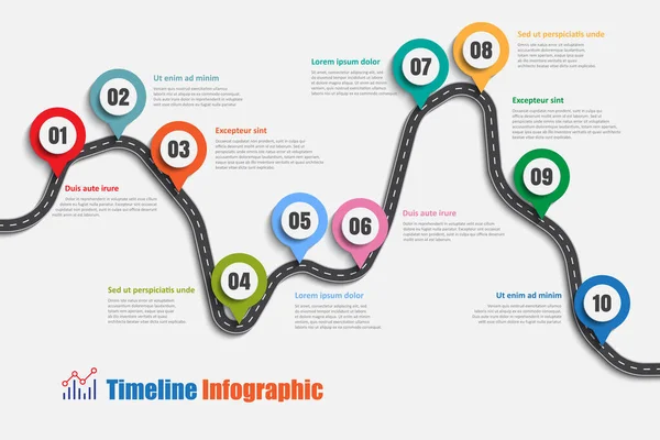 로드맵 비즈니스 타임라인 인포그래픽과 설계된 10단계 디지털 디지털 데이터 프레젠테이션 로열티 프리 스톡 일러스트레이션