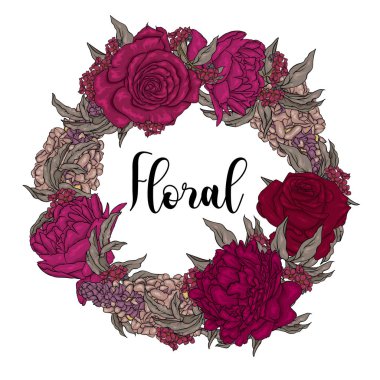 Çelenk peonies, gül ve wisteria. Narin çiçekler. Bahçe, bahar ve yaz. Vektör çizim.