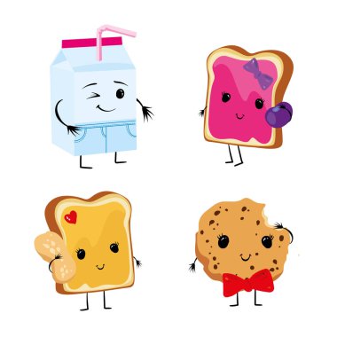 Komik gıda güzel yüzü olan. Bir paket süt, çörek, kek ve reçel ve fıstık ezmesi, pasta ve bisküvi ile tost. Vektör çizim.