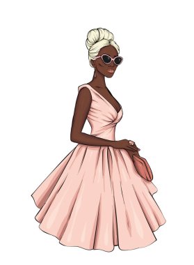 Bir MIDI etek, bluz, yüksek topuklu ayakkabılar ve bir debriyaj uzun boylu, ince bir kız. Vektör çizim. Giyim ve aksesuarları, moda ve stil. EPS 10.