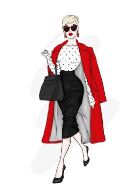 Şık bir ceket, pantolon, gözlük, gözlük güzel, uzun boylu ve ince kız. Şık kadın yüksek topuklu ayakkabı. Moda ve stil. Vektör çizim.