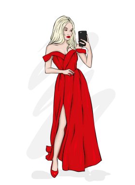 Güzel bir gece elbisesi içinde uzun boylu, ince bir kız. Moda ve stil. Vektör çizim.
